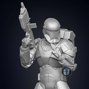 May include: A grey, detailed, 3D printed action figure of a soldier wearing a helmet and armour, holding a rifle in one hand and a knife in the other.