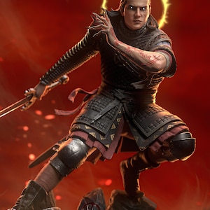 May include: A detailed figurine of a warrior in dark chainmail and plate armor, featuring glowing white eyes and a golden halo. The figure holds a sword, displays red markings on the arms, and stands on a rocky base against a deep red background.