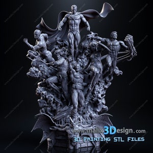 Peut inclure: Un modèle imprimé en 3D d'un groupe de super-héros, dont Superman, Batman, Wonder Woman, Aquaman, Flash et Robin. Le modèle est posé dans une scène d'action dynamique, avec les héros debout sur une base avec un mur de briques et un symbole de chauve-souris. Le modèle est en plastique gris et est conçu pour l'impression 3D.