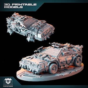 May include: Two 3D printed models of a futuristic car with a heavily modified and detailed design. The car is grey and has a variety of pipes, wires, and other details. The models are on a grey base.