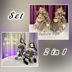 May include: A set of handmade gnome dolls. The top right image shows two gnomes with long gray beards, beige hats, and decorative accents. The bottom left image shows two gnomes with gray hats, holding coffee cups and frying pans. The text "Set", "Morning Gnome", "Pattern PDF", and "2 in 1" are visible.