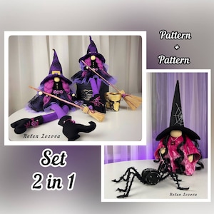 May include: A set of two Halloween witch doll patterns. The dolls are dressed in purple and black with pink accents. The dolls are holding brooms and have spiderwebs on their hats. The text "Pattern + Pattern" is visible in the image. The text "Set 2 in 1" is also visible in the image.