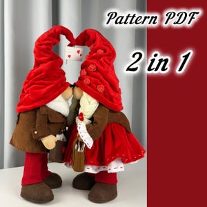 Puede incluir: Dos gnomos de San Valentín, uno masculino y otro femenino, con sombreros de terciopelo rojo que forman un corazón. El gnomo masculino lleva un abrigo marrón y pantalones rojos, mientras que la gnomo femenina tiene un vestido rojo y un peinado trenzado. Incluye el texto "Pattern PDF 2 in 1".