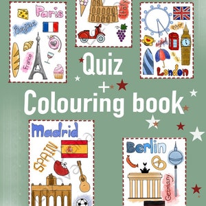 Quiz imprimible pdf 5 capitales y lugares de interés europeos / Berlín Londres Madrid Roma París + dibujos para colorear niños / páginas en color, blanco y negro