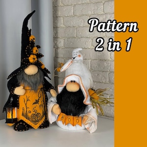 May include: Two fabric gnome dolls for Halloween. The left gnome wears a tall black hat with orange pumpkins and holds a black lantern. The right gnome wears a white ghost-themed hood, has a black beard, and holds an orange banner reading BOO.