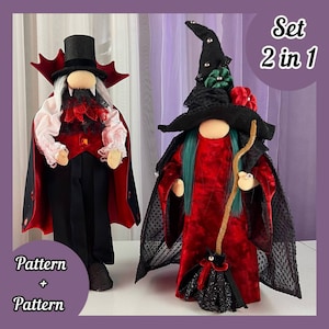 May include: A set of two Halloween gnome patterns, one for a vampire gnome and one for a witch gnome. The patterns are labeled "Set 2 in 1" and "Pattern + Pattern".