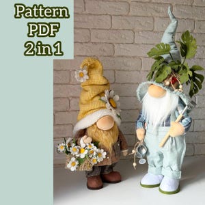 May include: Two fabric gnome dolls featuring a Pattern PDF 2in1 label. The left gnome wears a yellow textured hat with white daisy accents and holds a basket of daisies. The right gnome wears a tall blue hat with green leaves and blue overalls.