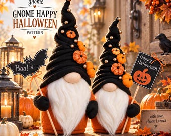 May include: Two decorative gnomes with tall black hats adorned with small orange pumpkins and gold beads, featuring long white beards and orange bodies. One holds a bat-shaped sign reading Boo!, the other a sign reading Happy Halloween.