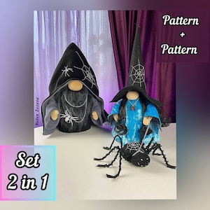 Puede incluir: Un conjunto de dos patrones de gnomos de Halloween, uno con un sombrero negro y un diseño de telaraña, y el otro con un vestido azul y un diseño de telaraña. El texto "Set 2 in 1" y "Pattern + Pattern" es visible en la imagen.