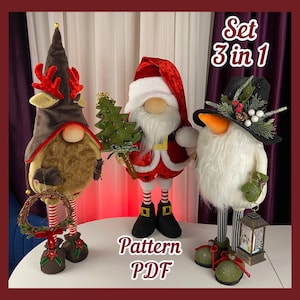 May include: A set of three Christmas gnome patterns, including a reindeer gnome, a Santa gnome, and a snowman gnome. The pattern is available as a PDF download. The text "Set 3 in 1" and "Pattern PDF" is visible in the image.