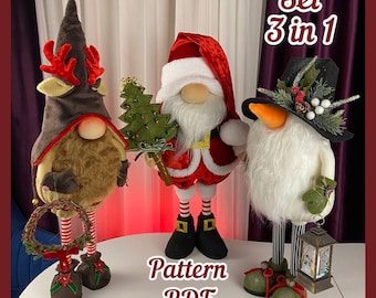 Set 3 kerstpatronen pdf voor scandinavische kabouter: grote kerstman + sneeuwpop + hert, kerstversiering + gedetailleerde video-instructies op youtube