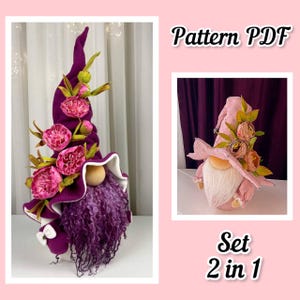 Może przedstawiać: Zestaw dwóch wzorów gnomów, jeden w kolorze fioletowym, a drugi różowym, z kwiatowymi akcentami. Wzór zawiera instrukcje do wykonania gnomów, które idealnie nadają się do dekoracji domu. Wzór jest dostępny do pobrania w formacie PDF. "Pattern PDF Set 2 in 1" jest napisane na obrazku.