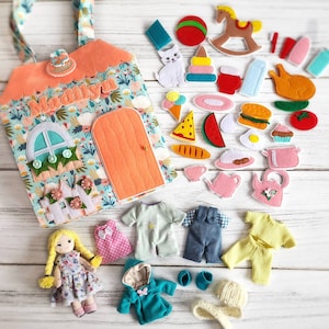 Textile dollhouse with 6&quot; doll, dollhouse bag, dress up doll play set, travel toy for girl, quiet book dollhouse 4 pages