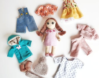 Textile doll with set of clothes, dress up doll set, travel toy