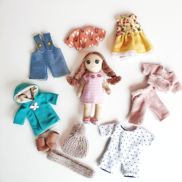 Textile doll with set of clothes, dress up doll set, travel toy