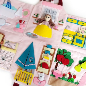 Textile dollhouse with 6&quot; doll, dollhouse bag, dress up doll play set, travel toy for girl, quiet book dollhouse