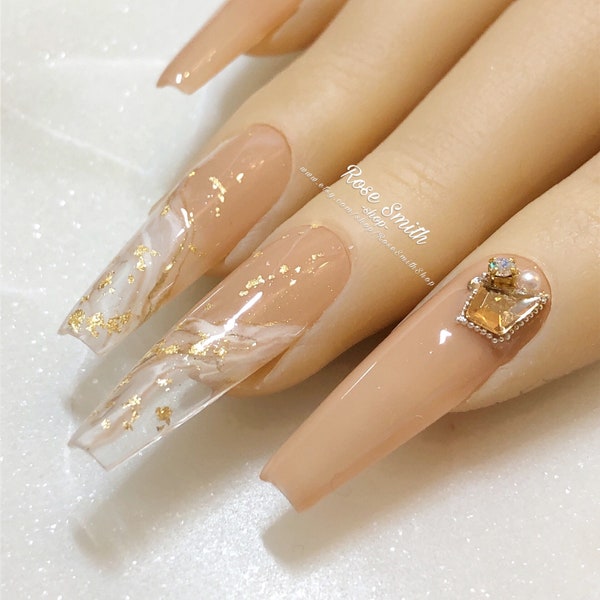 Ombré Marble Translucent Beige with Jewels | Press On Nails