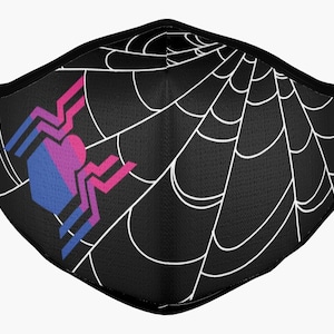 Puede incluir: Una mascarilla facial negra con un diseño de telaraña blanca y una araña rosa, azul y morada en la esquina inferior izquierda.