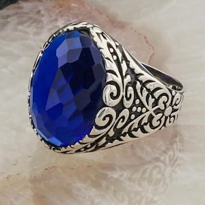 Men's Royal Blue Oval Zircon Sterling Silver Ring, Turkish Ottoman Scrollwork Statement Ring