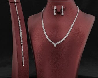 Sterling Silver Round Jewelry Set Necklace Bracelet Earrings Ring Women Gift Elegant