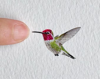 Anna's Hummingbird Original Watercolour Painting | Iridescent Miniature Bird Art