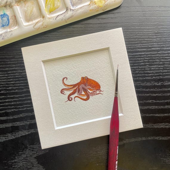 Octopus Original Watercolour Painting, Miniature Marine Life Art, Tiny Cephalopod Artwork