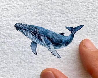 Humpback Whale Original Watercolor Painting |  Tiny Ocean Wildlife Art (4x4 Matted)