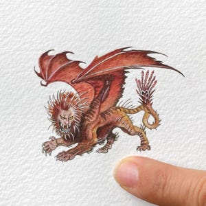 May include: A watercolor painting of a red and brown winged lion with a spiky mane and tail. The lion is depicted with a fierce expression and sharp claws.