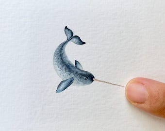 Narwhal Original Watercolour  Painting – Tiny Narwhal Art – Miniature Ocean Wildlife – Arctic Whale Original Art – Rare Small Gift