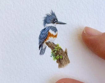 Miniature Belted Kingfisher Original Watercolor Painting – Tiny Bird Art – Hand Painted Wildlife Miniature – One of a Kind Rare Find