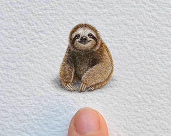 Brown-Throated Sloth Original Watercolour Painting | Tiny Wildlife Art, Amazon Wildlife Artwork