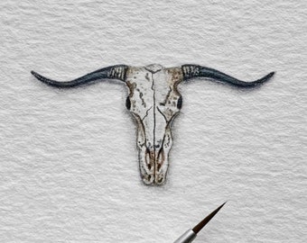 Texas Longhorn Skull, original painting, tiny art