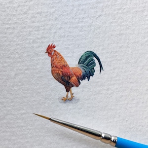 Rooster, watercolour painting, miniature art, tiny art