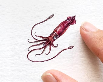 Giant Squid Original Miniature Painting, 4x4 Mounted Marine Life Art