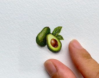 Avocado Miniature Original Watercolour Painting, Tiny Food Art, Botanical Kitchen Decor, Unique Green Fruit Artwork, Rare Gift