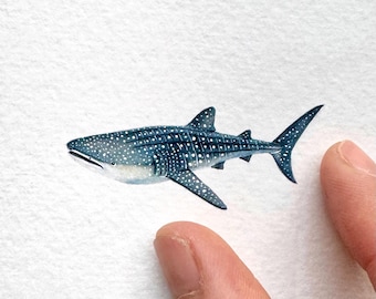 Whale Shark Original Watercolour Painting, Miniature Marine Art, Ocean Wildlife Artwork, Shark Lover Gift