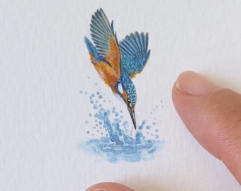 Kingfisher Diving Original Miniature Watercolour Painting | Bird Art | 4x4 Matted | One-of-a-Kind Nature Gift