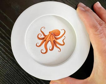 Giant Pacific Octopus Original Miniature Painting, Hand-Painted Marine Life Art, Wooden Frame