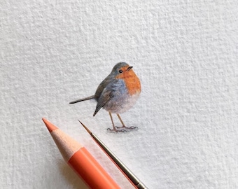 European robin, original painting, tiny art
