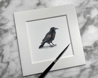カラスのオリジナル絵画｜小さな鳥のアート｜ミニチュア水彩画のカラス｜ゴシック調の自然装飾｜鳥好きへのギフト｜オーダーメイド