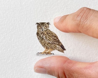 Gufo reale, miniatura originale dipinta ad acquerello, opera d'arte raffigurante un gufo