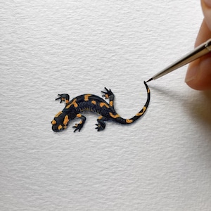 Salamandra pezzata europea, pittura ad acquerello, fauna selvatica, piccola arte