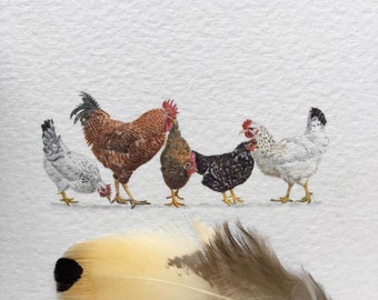 Free range chickens, original painting, tiny art