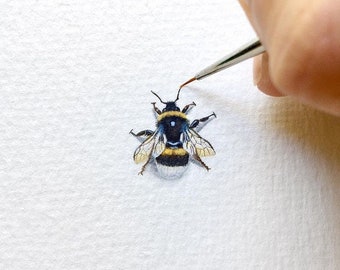 Hummel, Original Gemälde, Miniatur Aquarell, winzige Kunst, natürliche Größe