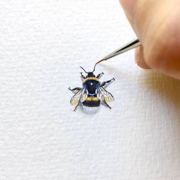 Hummel, Original Gemälde, Miniatur Aquarell, winzige Kunst, natürliche Größe