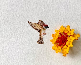 House Sparrow, original painting, tiny art