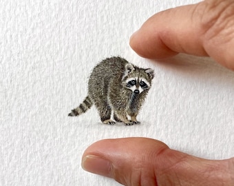 Raccoon, miniature painting, tiny art