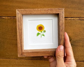 Sunflower Original Watercolor Painting | Tiny Botanical Art, Miniature Painting of Summer Flower