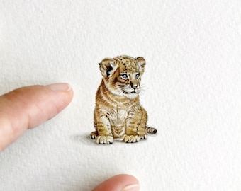 Lion Cub / Baby Lion Original Watercolour Painting | Miniature Wildlife Art, Safari Wildlife Illustration, African Wildlife Nursery Decor