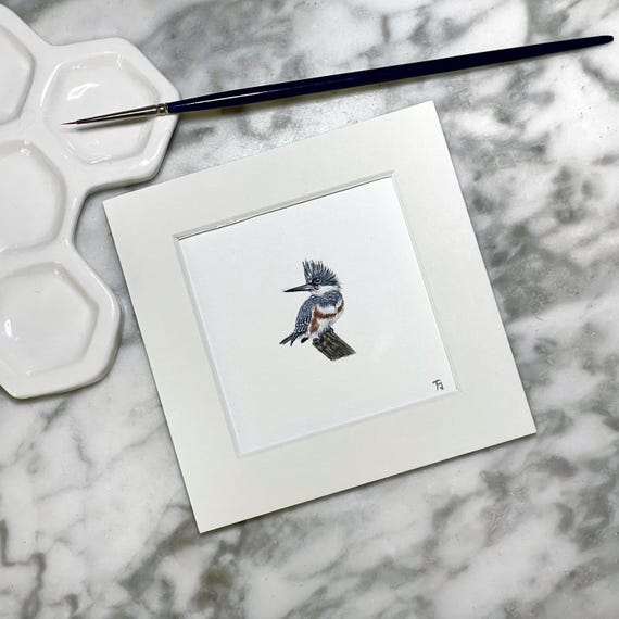 Belted Kingfisher, original painting, miniature watercolour, tiny art, bird art